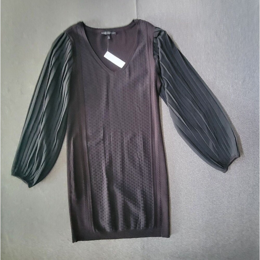 White House Black Market L Black Pleated Sleeve Sweater Dress 830